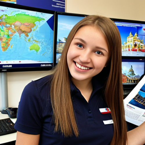 Home 4 **Image Prompt:** A young, enthusiastic tourism intern working at a bustling travel agency in Moscow. She's smiling as she helps a customer plan a vacation, with brochures and computer screens displaying travel destinations like Sochi and St. Petersburg in the background. The overall atmosphere is energetic and optimistic, showcasing a starting point in the tourism industry.