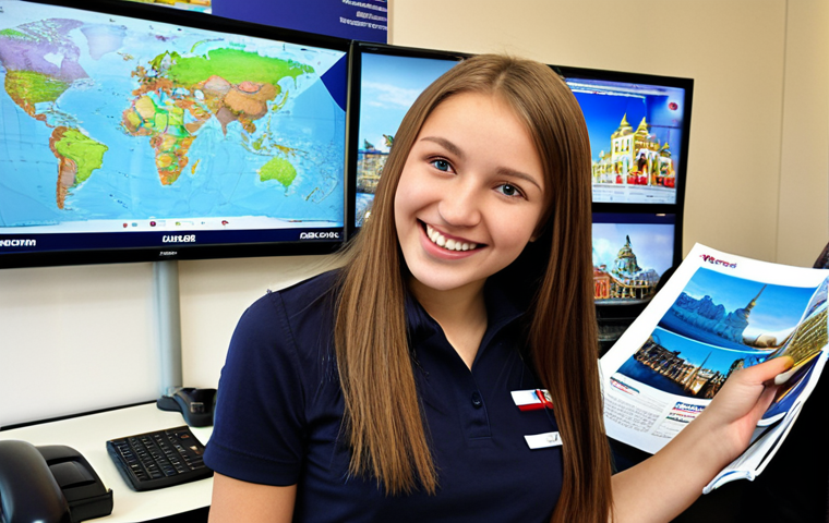 **Image Prompt:** A young, enthusiastic tourism intern working at a bustling travel agency in Moscow. She's smiling as she helps a customer plan a vacation, with brochures and computer screens displaying travel destinations like Sochi and St. Petersburg in the background. The overall atmosphere is energetic and optimistic, showcasing a starting point in the tourism industry.