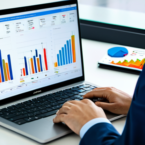 A professional in the tourism industry, fully clothed in a modest business suit, seated at a desk in a modern, brightly lit office. The subject is focused on a laptop screen displaying market data and analytics relevant to the Russian tourism sector, with clear charts and graphs. Their hands are naturally placed on the keyboard, well-formed, showing proper finger count. The scene conveys diligence, analytical skill, and adaptation to digital tools. The background features a blurred, contemporary office environment. Professional photography, high resolution, soft lighting, natural body proportions. safe for work, appropriate content, fully clothed, professional dress, perfect anatomy, correct proportions, natural pose.