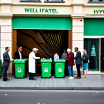 Greenwashing Deception**

A modern hotel facade with prominent "Eco-Friendly" and "Green Initiative" banners.  Guests are visible checking in, seemingly happy. In the background, slightly out of focus, is a less appealing scene: plastic waste overflowing from bins near the hotel, subtly revealing the reality behind the marketing.  The scene is in a realistic, slightly cynical style.  Fully clothed guests, professional setting, modest attire. Safe for work, appropriate content, family-friendly. Perfect anatomy, natural proportions, well-formed hands, proper finger count.

**