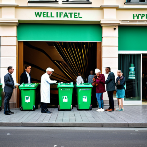 Greenwashing Deception**

A modern hotel facade with prominent "Eco-Friendly" and "Green Initiative" banners.  Guests are visible checking in, seemingly happy. In the background, slightly out of focus, is a less appealing scene: plastic waste overflowing from bins near the hotel, subtly revealing the reality behind the marketing.  The scene is in a realistic, slightly cynical style.  Fully clothed guests, professional setting, modest attire. Safe for work, appropriate content, family-friendly. Perfect anatomy, natural proportions, well-formed hands, proper finger count.

**