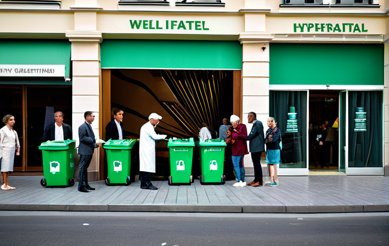 Greenwashing Deception**
A modern hotel facade with prominent "Eco-Friendly" and "Green Initiative" banners. Guests are visible checking in, seemingly happy. In the background, slightly out of focus, is a less appealing scene: plastic waste overflowing from bins near the hotel, subtly revealing the reality behind the marketing. The scene is in a realistic, slightly cynical style. Fully clothed guests, professional setting, modest attire. Safe for work, appropriate content, family-friendly. Perfect anatomy, natural proportions, well-formed hands, proper finger count.
**