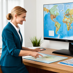 **

A travel agent in a bright, modern office, fully clothed in professional attire, assisting a friendly family in planning their vacation. The agent is pointing at a large computer screen displaying various travel destinations. Travel brochures and maps are neatly organized on the desk. "Safe for work," "appropriate content," "professional," "family-friendly," "perfect anatomy," "correct proportions," "natural pose," "well-formed hands," "proper finger count," "natural body proportions."

**