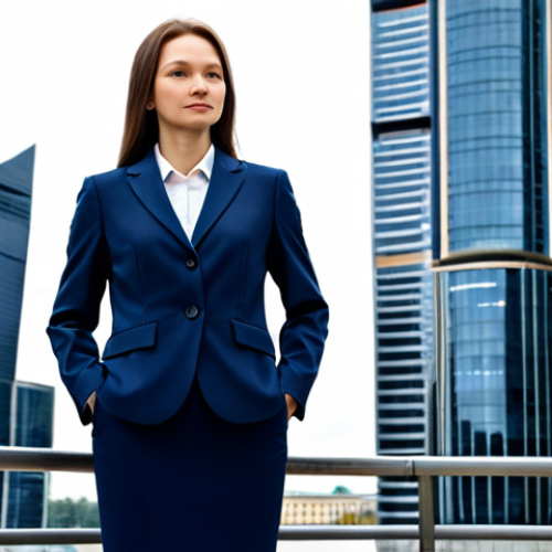** A professional woman in a modest, dark blue business suit, standing in front of the Moscow City business district, fully clothed, appropriate attire, safe for work, perfect anatomy, natural proportions, professional photography, high quality.

**