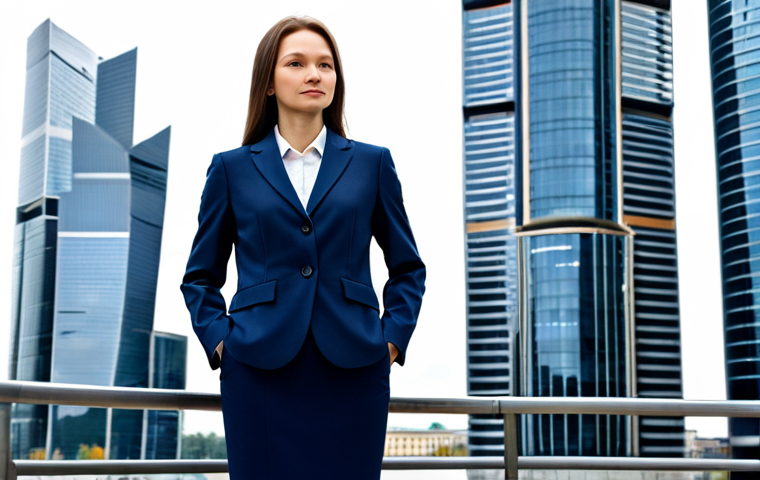 ** A professional woman in a modest, dark blue business suit, standing in front of the Moscow City business district, fully clothed, appropriate attire, safe for work, perfect anatomy, natural proportions, professional photography, high quality.
**