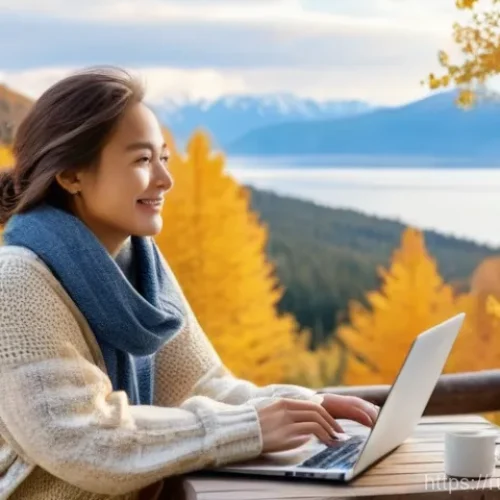 Home 24 여행 산업에서의 프리랜서로 일하기 - **Freelance Travel Expert at Lake Baikal:** A serene, high-resolution photograph capturing a young w...