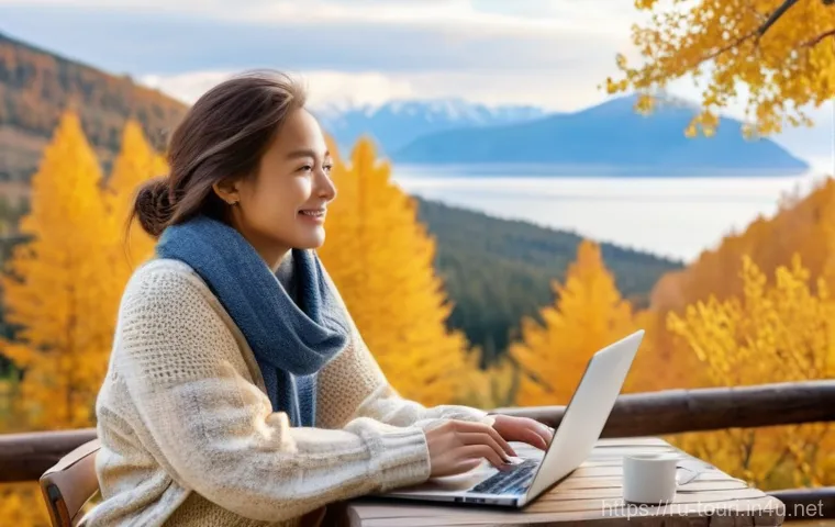 여행 산업에서의 프리랜서로 일하기 - **Freelance Travel Expert at Lake Baikal:** A serene, high-resolution photograph capturing a young w...