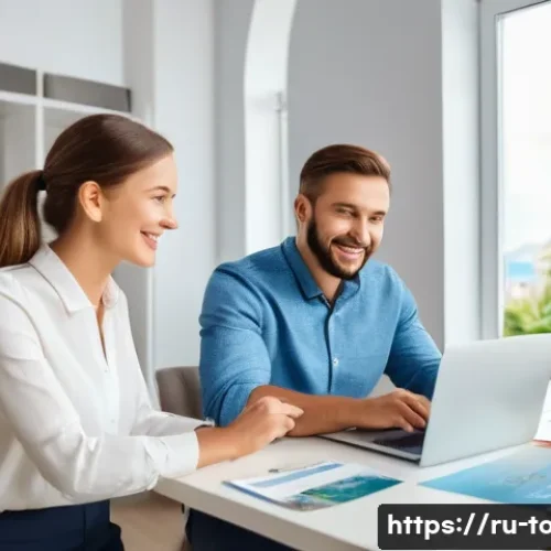 여행사 취업 후 첫 한 달 업무일기 - A modern travel agency office scene in Moscow, featuring a young Russian travel agent attentively co...