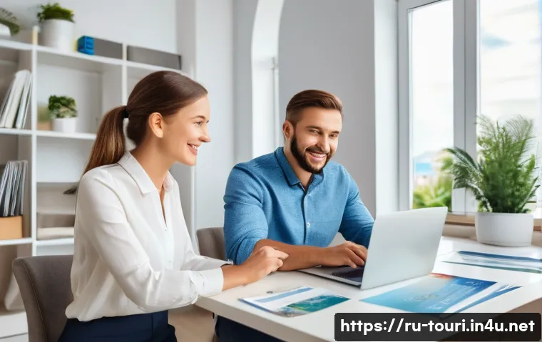 여행사 취업 후 첫 한 달 업무일기 - A modern travel agency office scene in Moscow, featuring a young Russian travel agent attentively co...