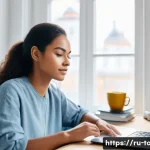여행산업기사 시험 준비 시 유용한 웹사이트 - A cozy modern study room with a young adult woman attentively watching an interactive online tourism...