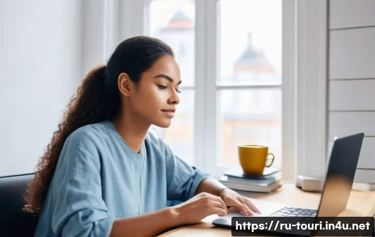 여행산업기사 시험 준비 시 유용한 웹사이트 - A cozy modern study room with a young adult woman attentively watching an interactive online tourism...