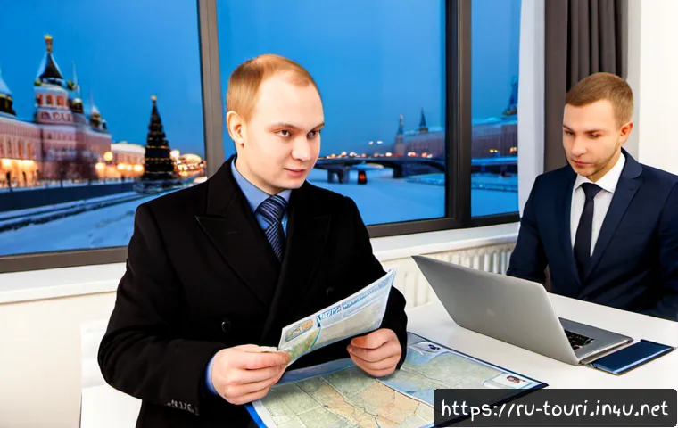 Home 15 여행사 직원의 커리어 패스 - Photorealistic travel agency career progression scene in a modern Moscow office, a young Russian tra...