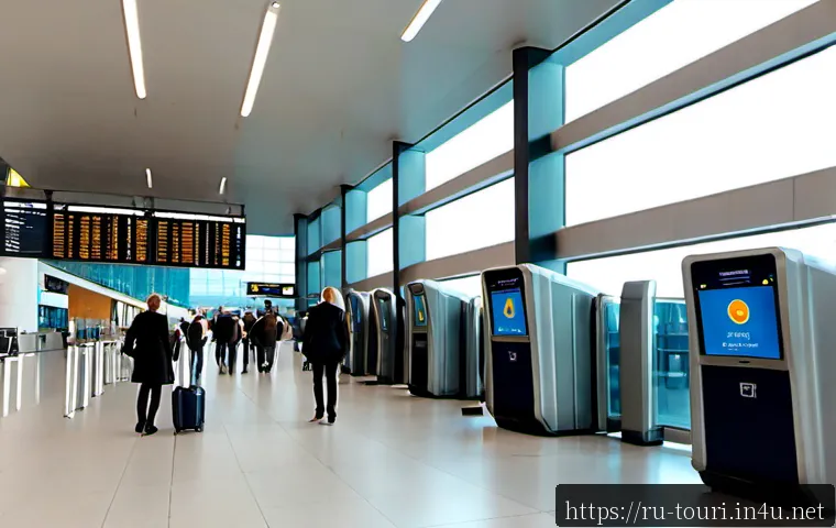 Home 15 여행 산업의 변화와 기술 발전 - Photorealistic modern Moscow airport departure hall, a Russian family using self-service biometric t...